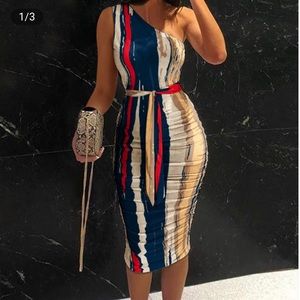One shoulder ruched tie front bodycon dress